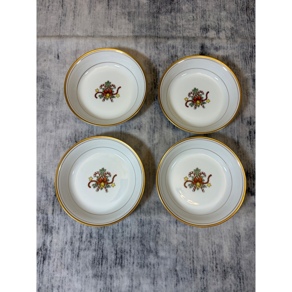 Fitz and Floyd St Nicholas Fruit Bowls Set of 4 Christmas Candy Cane Gold Trim